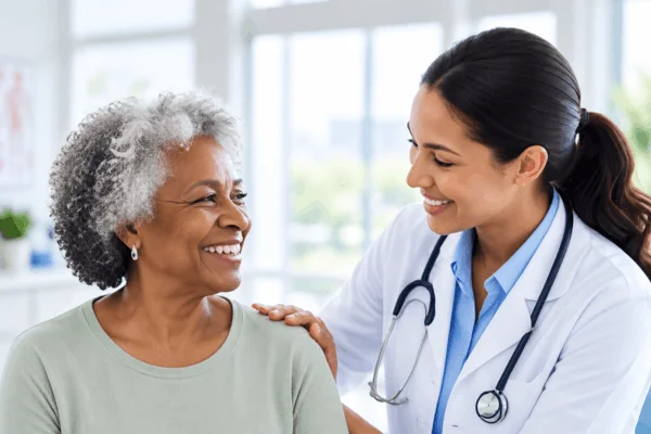 Clinician smiling with an older patient and resting a hand on her shoulder